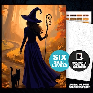 Halloween Witch and Black Cat Paint by Number Kit: Procreate & Printable Halloween Coloring Pages, 6 Skill Levels, Spooky Season
