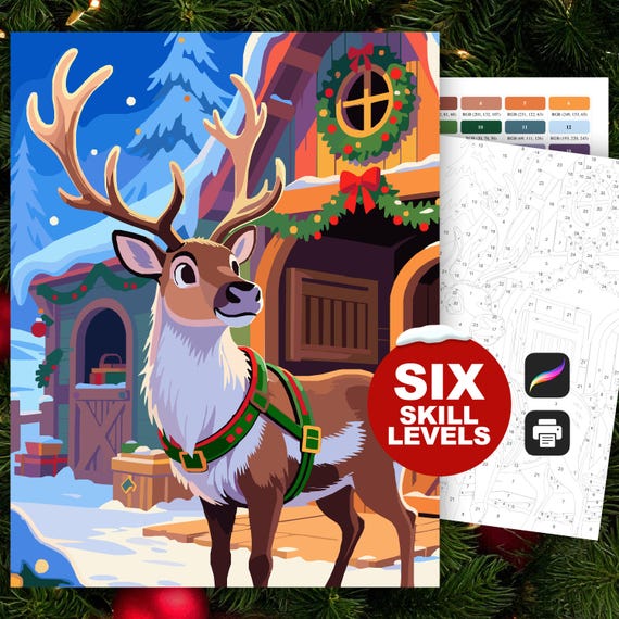 Christmas Reindeer Paint by Number: Holiday Coloring Pages (Procreate and Printable, 6 Skill Levels)