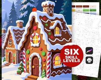 Gingerbread House Christmas Paint by Number: Holiday Coloring Pages (Procreate, Printable, 6 Skill Levels)