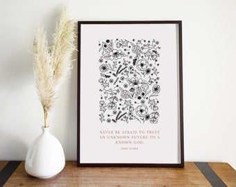 Christian Prints | Corrie Ten Boom Never be afraid Home Wall Decor Hanging | Modern Floral Scripture Quote | Bible verse | Faith Art Poster
