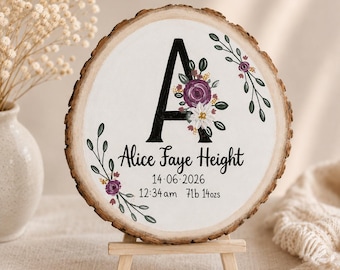 Personalised New Baby Gift, Hand Painted Floral Wood Slice, Baby Birth Details Keepsake, Nursery Decor, Newborn Girl Personalised