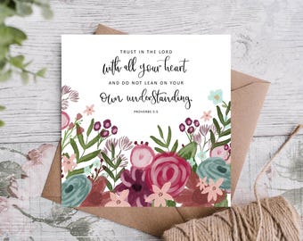 Trust in the lord with all your heart - Bible Verse Card - Proverbs 3:5 - New Baby Girl Boy Floral Baptism Christening Encouragement
