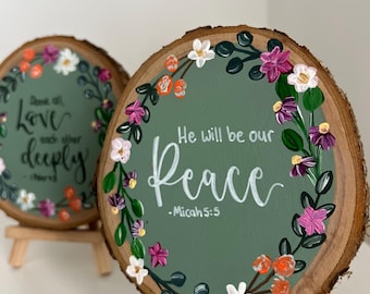 Wedding Day Christian Couple Gift Teachers Present Anniversary House Warming Mum Friend Bible Verse Scripture Floral Handpainted Woodslice