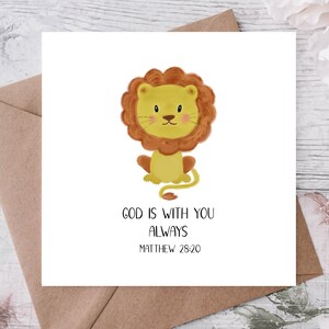 Matthieu 28:20 Je ne te quitterai jamais - Carte verset biblique - Nouveau bébé fille garçon Baptême Baptême Dédicace Dieu enfant Anniversaire Animal Lion