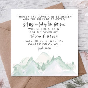 Jesaja 54 vers 10 mijn onfeilbare liefde voor jou Bijbelvers Schriftkaart - berg aquarel scène - aanmoedigingskaart voor vriend Christian