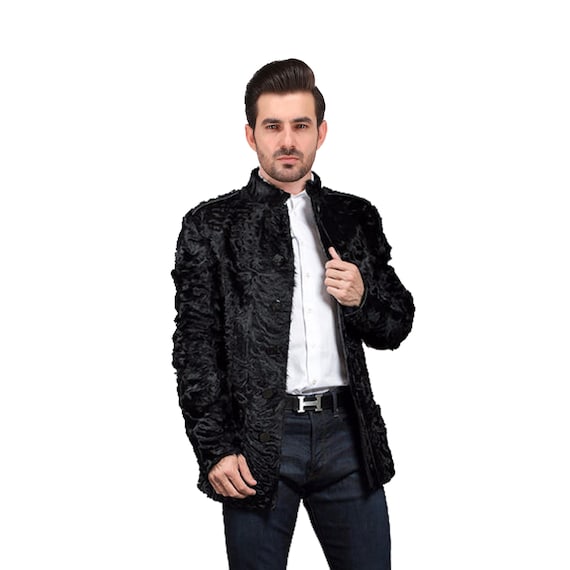 Men's Real Black Karakul Winter Jacket Persian Lamb Fur Coat Handmade  Gift for him Fast Shipping XS 3XL