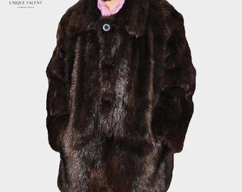 新品カナダ産長毛ビーバー毛皮コートジャケットメンズ男性サイズ全