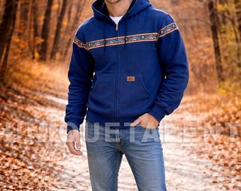 Chaqueta vintage inspirada en Carhartt / Chaqueta unisex con capucha y cremallera azteca negra hecha a mano en Detroit