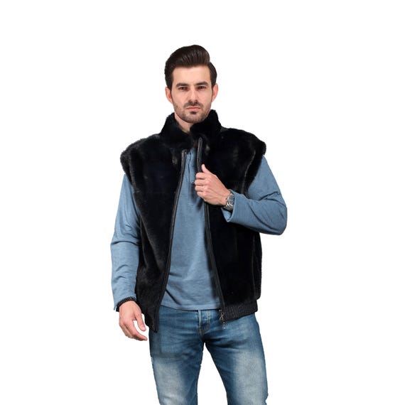 Bomber Jacket Black Mink Vest Men's Black Mink Bomber Vest Jacket