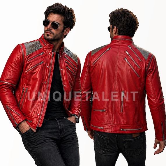 Michael Jackson Beat It Jacket Red Leather Biker Jacket Men MJ Costume Retro Concert