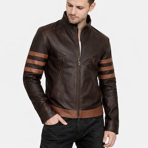 Chaqueta de cuero genuino de Wolverine / Disfraz de cosplay a rayas marrones