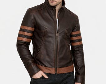 Wolverine Genuine Leather Jacket | Brown Striped Cosplay Costume