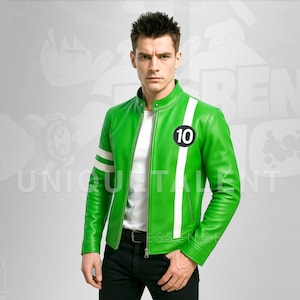 May include: A green leather jacket with a white stripe down the side and on the sleeves. The jacket has a black patch with the number 10 on the chest. The text "UNIQUE TALENT ESSENCE" is visible on the jacket.