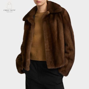 Luksusowa krótka kurtka z prawdziwego futra norek | Brązowy płaszcz futrzany w stylu vintage dla kobiet | Elegancka zimowa odzież wierzchnia | Ciepła kurtka futrzana | Moda damska