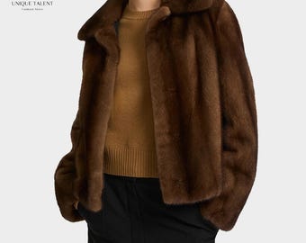 Luxury Real Mink Fur Short Jacket | Vintage Brown Fur Coat for Women | Elegant Winter Outerwear | Warm Fur Jacket | Women Clothing Fashion