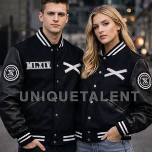 May include: Black varsity jackets with white accents and leather sleeves. Each jacket features a white "X" design, a circular patch, and the text "MLXIV". The word "UNIQUETALENT" is printed on the bottom.