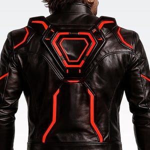 Puede incluir: Chaqueta de cuero negra con detalles geom&eacute;tricos rojos en hombros, espalda y mangas. La chaqueta tiene un dise&ntilde;o futurista con cuello alto y corte entallado. Los detalles rojos crean un contraste llamativo.