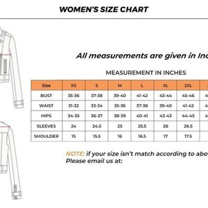 Puede incluir: Tabla de tallas para mujer en pulgadas para chaquetas. Incluye medidas de busto, cintura, caderas, mangas y hombros. Diagramas que ilustran los puntos de medici&oacute;n. Tallas de XS a 4XL.