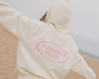 Salish Matter Sincerely Yours Felpa con cappuccio color crema, Sweet Life SY Felpa con cappuccio oversize, tasca nascosta lucida
