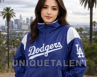 Chaqueta de satén azul inspirada en Los Angeles Dodgers / Chaqueta bomber de béisbol vintage / Regalo para él