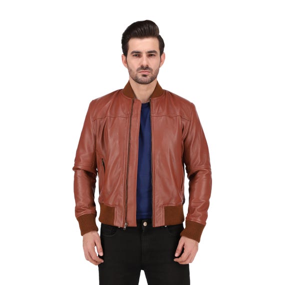 Men's Tan Brown Cafe Racer Lambskin Leather Bomber Jacket Handmade Gift  for him Fast Shipping XS 3XL