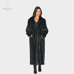 Casaco longo clássico de pele de vison preto luxuoso para mulheres - Casaco preto longo de luxo premium de alta qualidade - Presente para ela - Envio rápido XS - 3XL