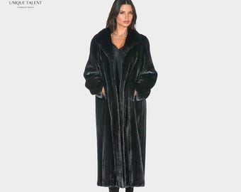 Luxurious Black Mink Fur Ranch Classic Long Coat Women - Premium High Quality Long Luxury Black Coat - Gift for her - Fast Shipping XS - 3XL