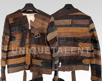 Chaqueta biker de piel con patchwork artesanal y detalle de cinturón: prendas de abrigo inspiradas en la pasarela.