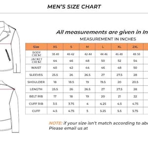 Puede incluir: Tabla de tallas de chaquetas con medidas en pulgadas. La tabla incluye tallas de XS a 4XL, detallando pecho, pecho de la chaqueta, cintura, mangas, hombros, largo, costilla del cintur&oacute;n, costilla del pu&ntilde;o y medidas del pu&ntilde;o.