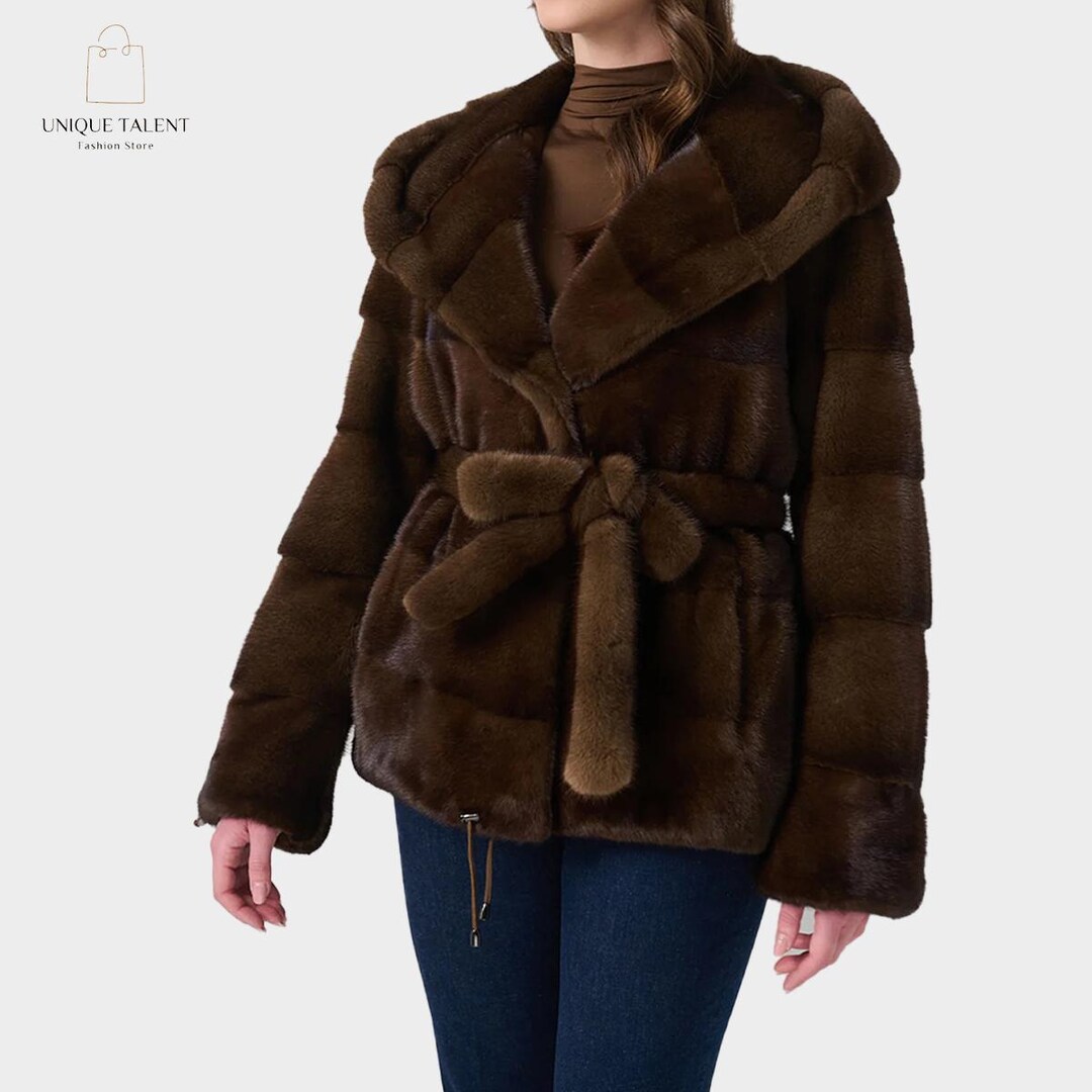 Reichbind Furs Hooded Mink Fur Jacket With Belt | Elegant Winter Coat - Etsy