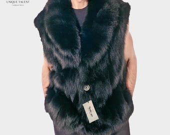 メンズ ブラックフォックスファーベスト | 高級本毛皮ジレ | 暖かい冬
