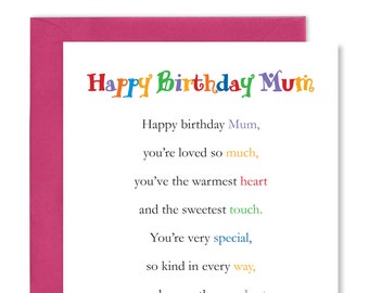 Happy Birthday Mum Card: Rainbow Poem Verse, Pink Envelope
