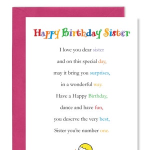 Carte de voeux joyeux anniversaire avec un couplet d'amour pour une soeur pour montrer à votre soeur combien vous l'aimez le jour de son anniversaire