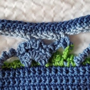 May include: Close-up of a crocheted border with blue and green yarn. The border features a repeating pattern of small flowers with a scalloped edge.