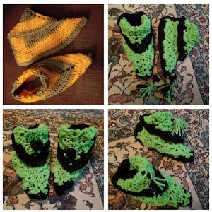 May include: Handmade crochet slippers in yellow and gray, and green and black. The slippers are made with a textured stitch and have a pointed toe design. The green and black slippers have tassels.