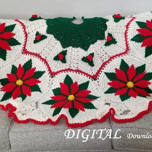 May include: White crochet Christmas tree skirt with red poinsettia flowers and green leaves. The skirt is on a grey sofa with red cushions. DIGITAL Download.