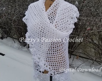 Wedding Shawl Wrap Crochet Pattern. White lightweight lacy shawl. Instant Digital Download