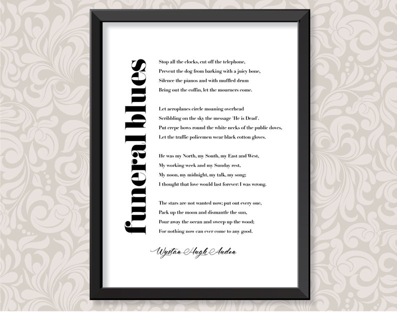 Funeral Blues stop All the Clocks by W. H. Auden 2 Sizes Etsy UK