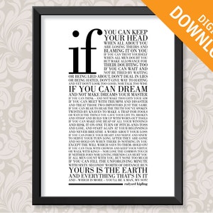 May include: Black and white printable wall art featuring a motivational quote by Rudyard Kipling. The quote reads "If..." and includes a list of qualities that define a strong and resilient person.