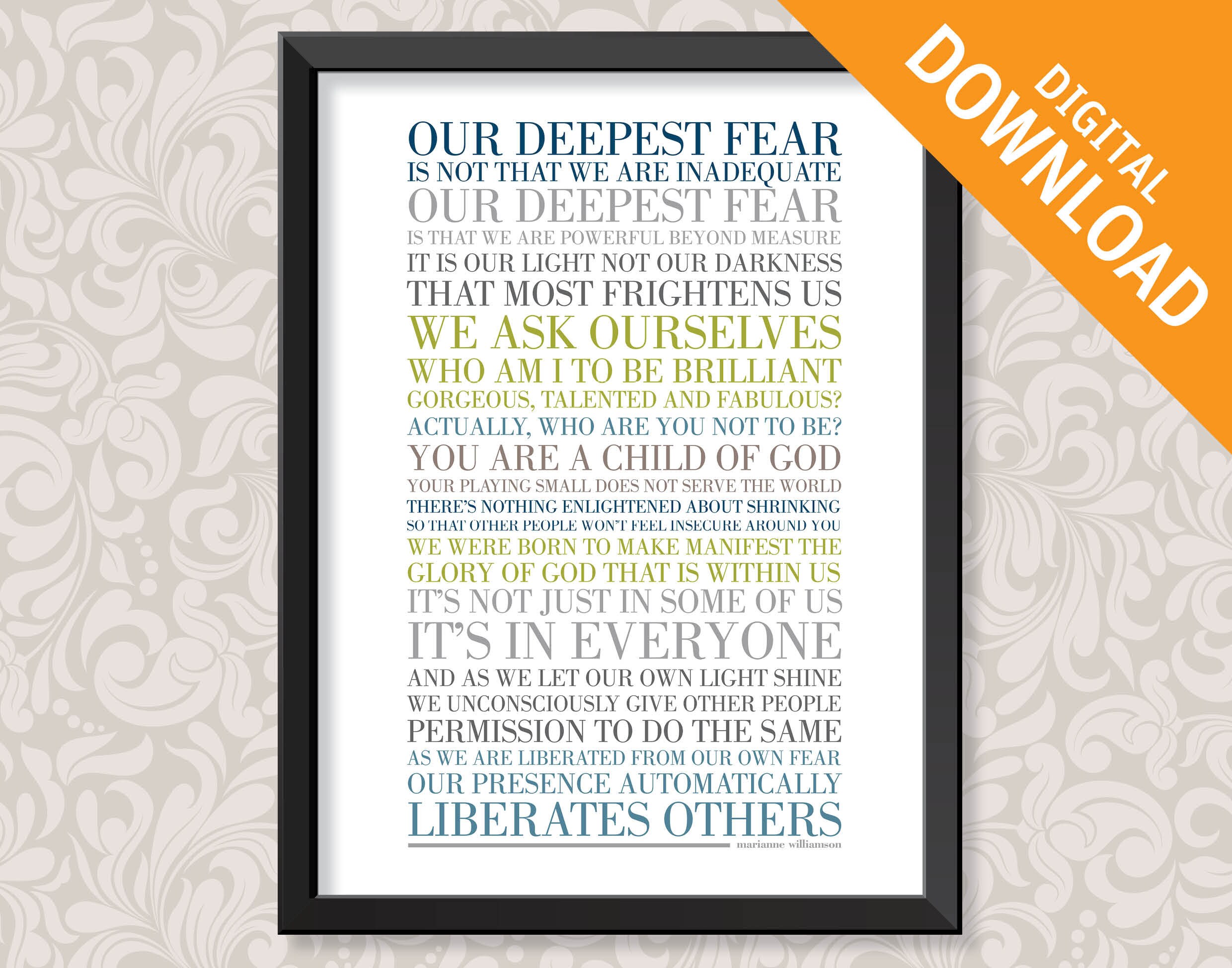 Our Deepest Fear by Marianne Williamson A3 Print Digital - Etsy A…