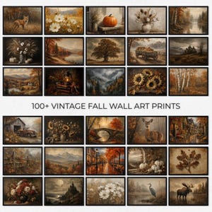 May include: A collection of over 100 vintage-style wall art prints featuring autumn themes, including landscapes, forests, wildlife like foxes and deer, pumpkins, floral arrangements, rustic barns, and bridges in warm, muted seasonal colour palettes.