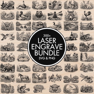 May include: A collection of over 300 laser engraving designs in SVG and PNG formats. The designs include various animals, plants, and scenes, such as a bear, a turtle, a horse, and a dragonfly. The designs are in black and white.