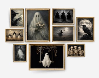 May include: A gallery wall set of nine framed art prints featuring dark, gothic themes including ghosts in white sheets, witches in pointed hats, skeletons, and a black raven against a full moon, all enclosed in matching gold-toned rectangular frames.