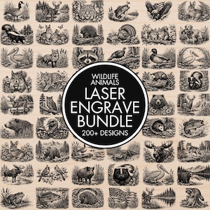 Op de afbeelding: Een verzameling lasergegraveerde ontwerpen van wilde dieren, waaronder beren, herten en vogels. De afbeelding toont gedetailleerde illustraties, met de tekst "WILDLIFE ANIMALS LASER ENGRAVE BUNDLE 200+ DESIGNS" in een cirkelvormig ontwerp.