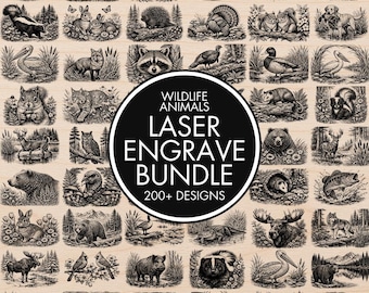 May include: A collection of laser engraved wildlife animal designs, including bears, deer, and birds. The image features a variety of detailed illustrations, with the text "WILDLIFE ANIMALS LASER ENGRAVE BUNDLE 200+ DESIGNS" in a circular design.