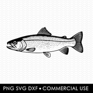 May include: Black and white illustration of a fish, likely a trout, with detailed scales and fins. The fish is depicted in profile, with a focus on its streamlined body and distinctive markings. The image includes the text "PNG SVG DXF &bull; COMMERCIAL USE".