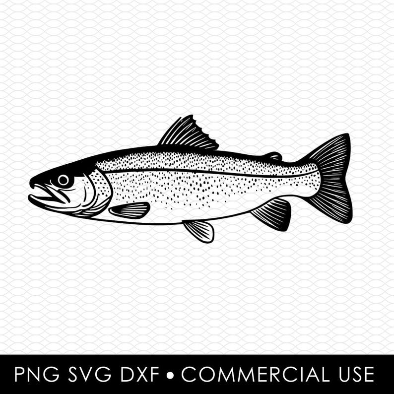 May include: Black and white illustration of a fish, likely a trout, with detailed scales and fins. The fish is depicted in profile, with a focus on its streamlined body and distinctive markings. The image includes the text "PNG SVG DXF &bull; COMMERCIAL USE".