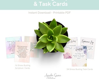 Printable Stress-Busting Mini-Scripture and Task Cards- Instant Download | Anxiety & Stress Scripture cards | Stress and Anxiety Printables