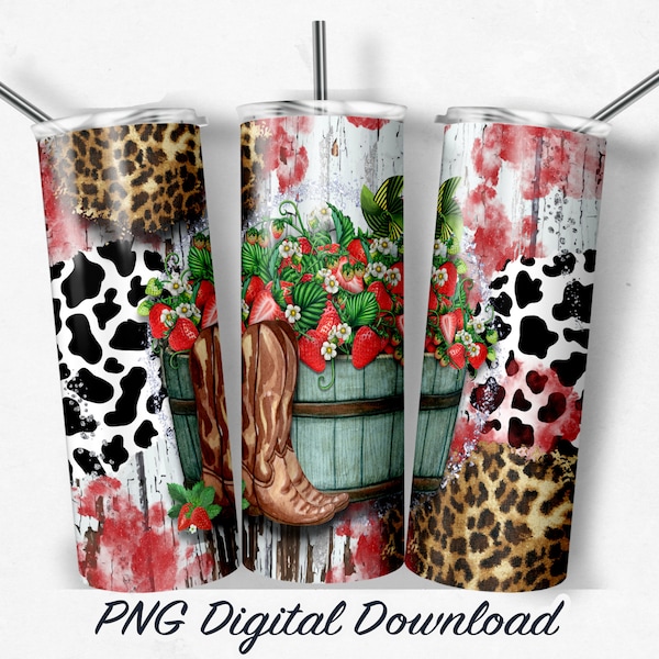 Rustic Country Boots Fresh Strawberries Print 20oz Sublimation Tumbler Design - PNG Digital Download