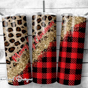 Merry Christmas Leopard Buffalo Plaid Design - 20oz Sublimation Tumbler Design PNG Digital Download